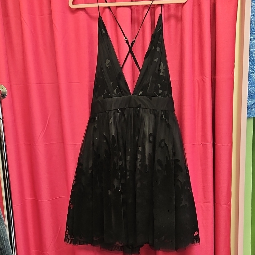 Honey Tulle Overlay Plunge Neckline Mini Dress